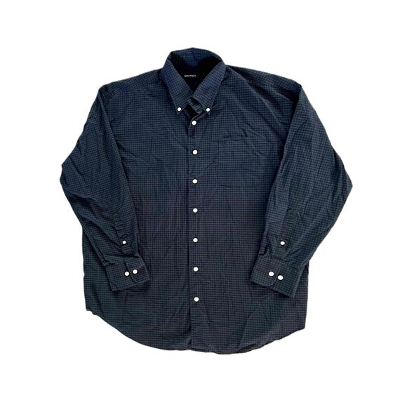 Nautica Blue Green Plaid Button Down Long Sleeve Shirt Men's Large 17.5 34/35 - Picture 2 of 10